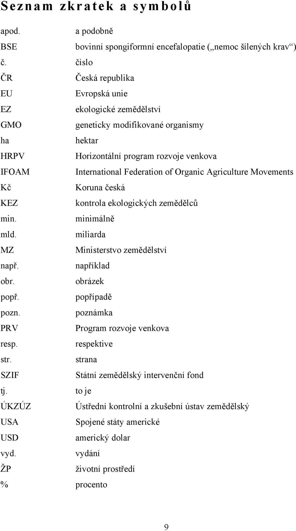 Federation of Organic Agriculture Movements Kč Koruna česká KEZ kontrola ekologických zemědělců min. minimálně mld. miliarda MZ Ministerstvo zemědělství např. například obr. obrázek popř.