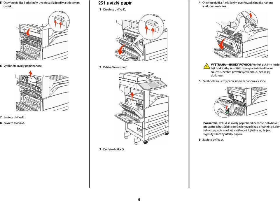 5 Zatáhněte za uvízlý papír směrem nahoru a k sobě. 7 Zavřete dvířka E. 8 Zavřete dvířka A.