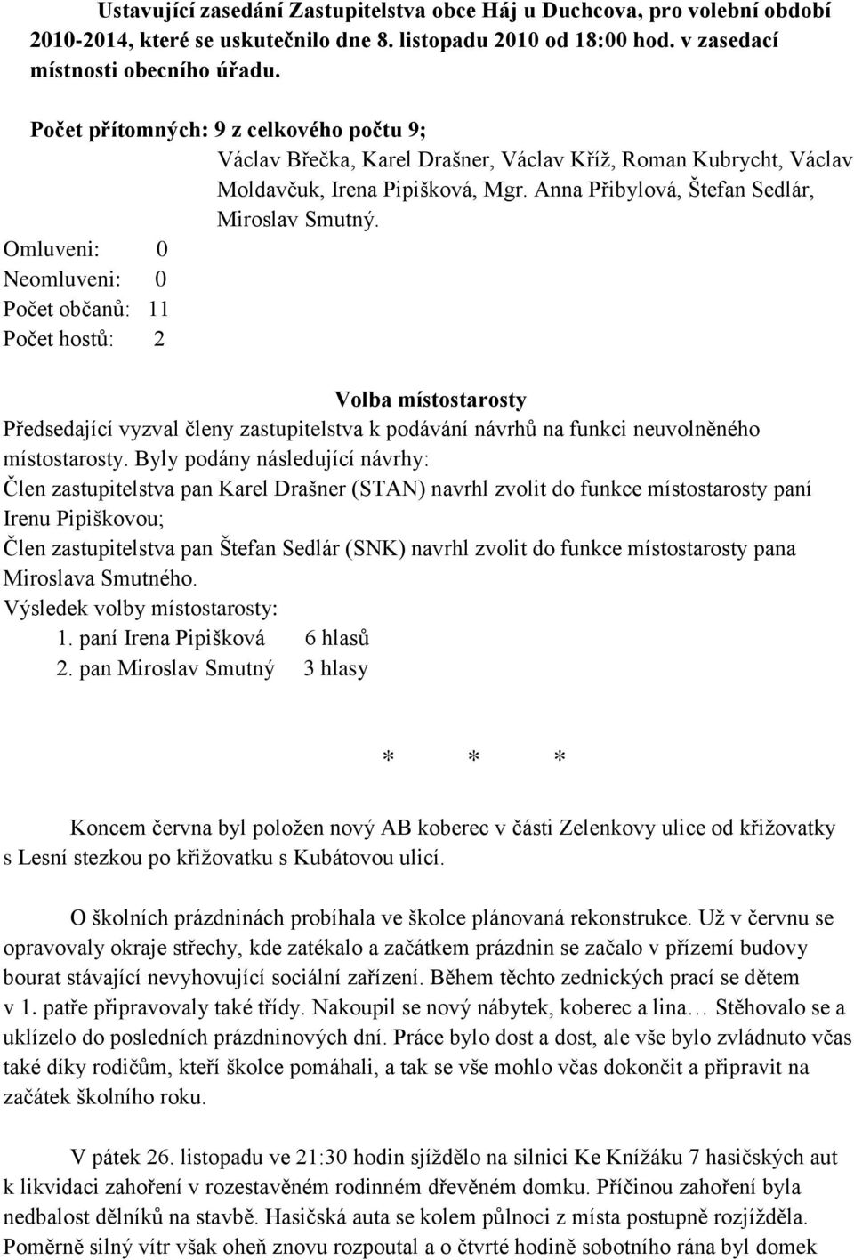 Omluveni: 0 Neomluveni: 0 Počet občanů: 11 Počet hostů: 2 Volba místostarosty Předsedající vyzval členy zastupitelstva k podávání návrhů na funkci neuvolněného místostarosty.