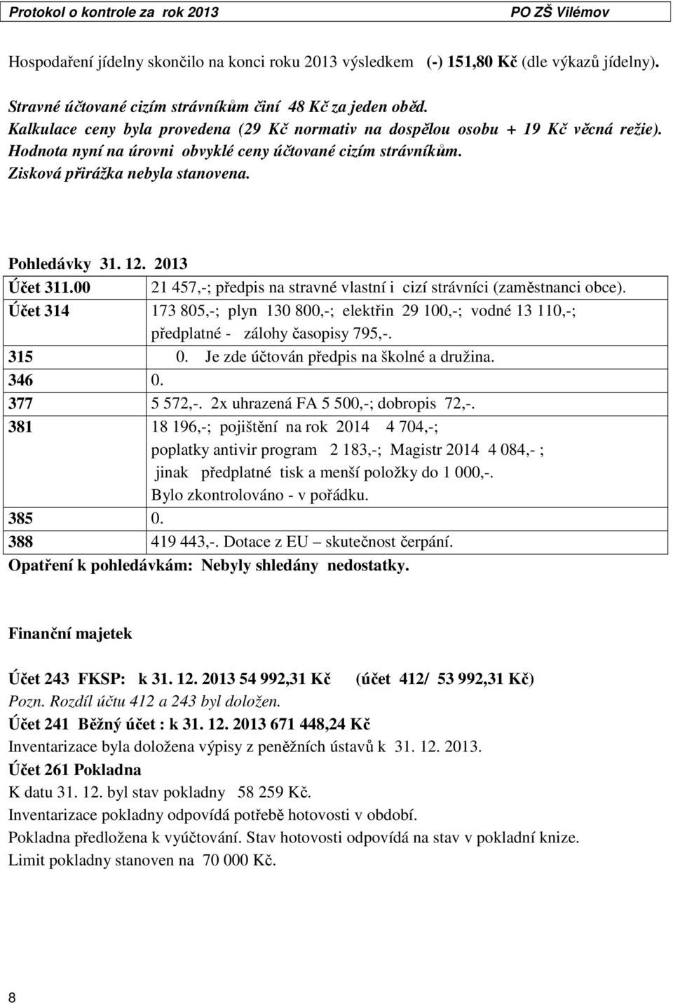 12. 2013 Účet 311.00 21 457,-; předpis na stravné vlastní i cizí strávníci (zaměstnanci obce).