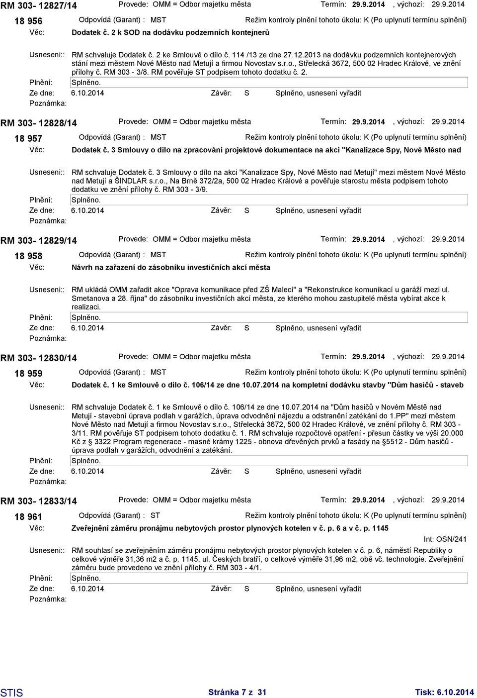 3 Smlouvy o dílo na zpracování projektové dokumentace na akci "Kanalizace Spy, Nové Město nad Usneseni:: RM schvaluje Dodatek č.