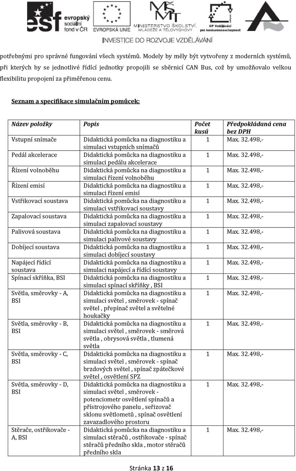 Seznam a specifikace simulačním pomůcek: Název položky Popis Počet kusů Předpokládaná cena bez DPH Vstupní snímače simulaci vstupních snímačů Pedál akcelerace simulaci pedálu akcelerace Řízení