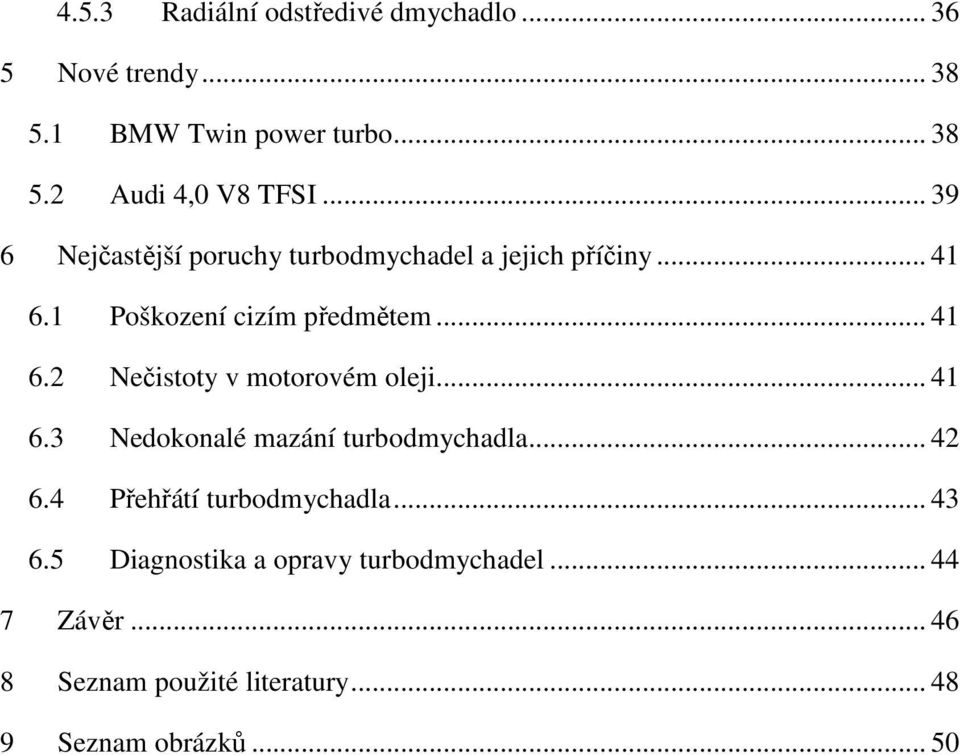 .. 41 6.3 Nedokonalé mazání turbodmychadla... 42 6.4 Přehřátí turbodmychadla... 43 6.