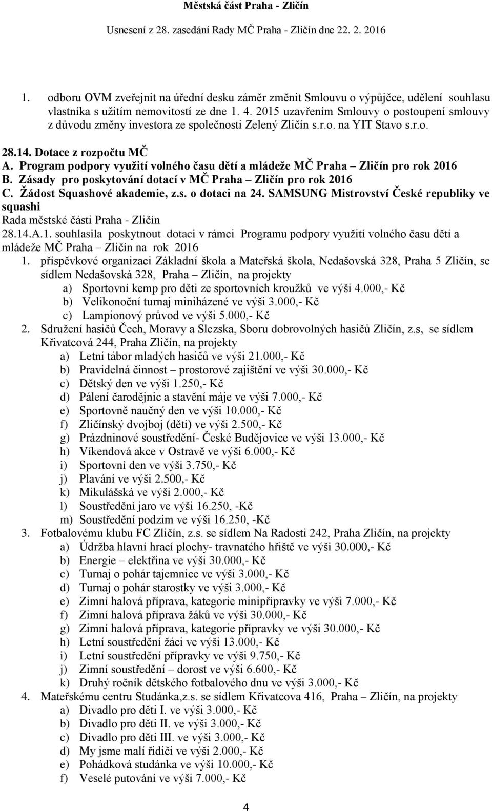 Program podpory využití volného času dětí a mládeže MČ Praha Zličín pro rok 2016 B. Zásady pro poskytování dotací v MČ Praha Zličín pro rok 2016 C. Žádost Squashové akademie, z.s. o dotaci na 24.