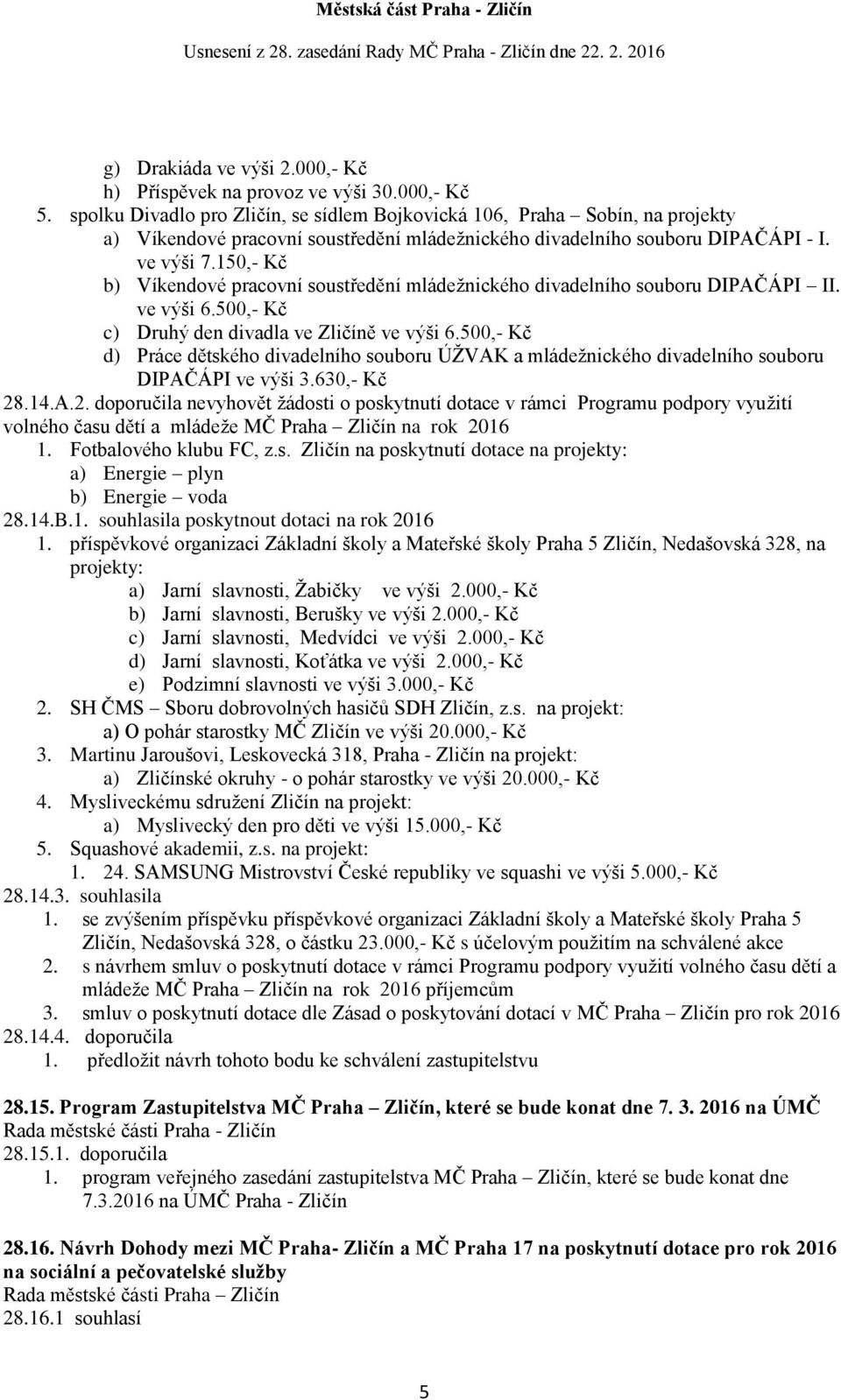 150,- Kč b) Víkendové pracovní soustředění mládežnického divadelního souboru DIPAČÁPI II. ve výši 6.500,- Kč c) Druhý den divadla ve Zličíně ve výši 6.