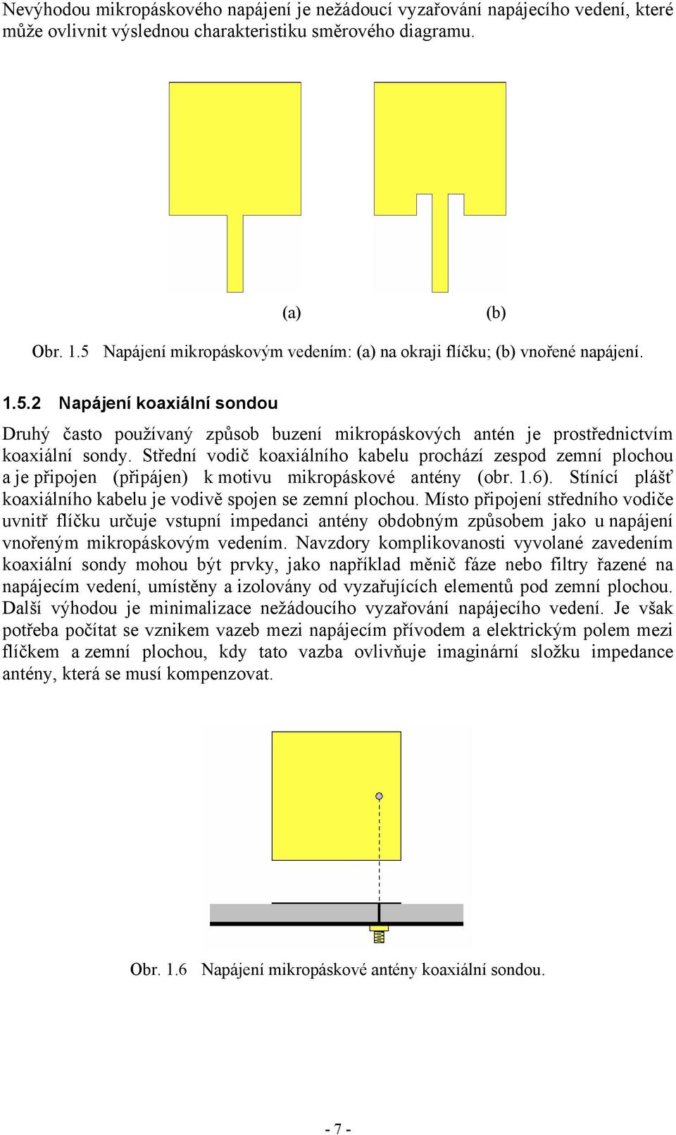 Střední vodič koaxiálního kabelu prochází zespod zemní plochou a je připojen (připájen) k motivu mikropáskové antény (obr. 1.6). Stínící plášť koaxiálního kabelu je vodivě spojen se zemní plochou.