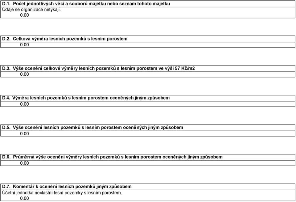 00 D. Výše ocenění lesních pozemků s lesním porostem oceněných jiným způsobem 0.00 D. Průměrná výše ocenění výměry lesních pozemků s lesním porostem oceněných jiným způsobem 0.