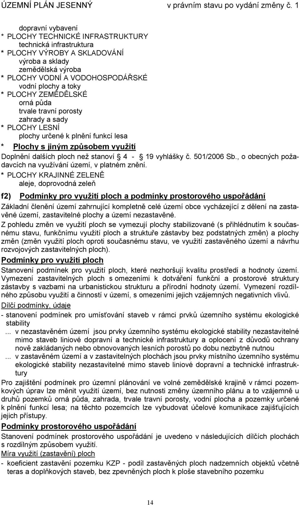 501/2006 Sb., o obecných požadavcích na využívání území, v platném znění.