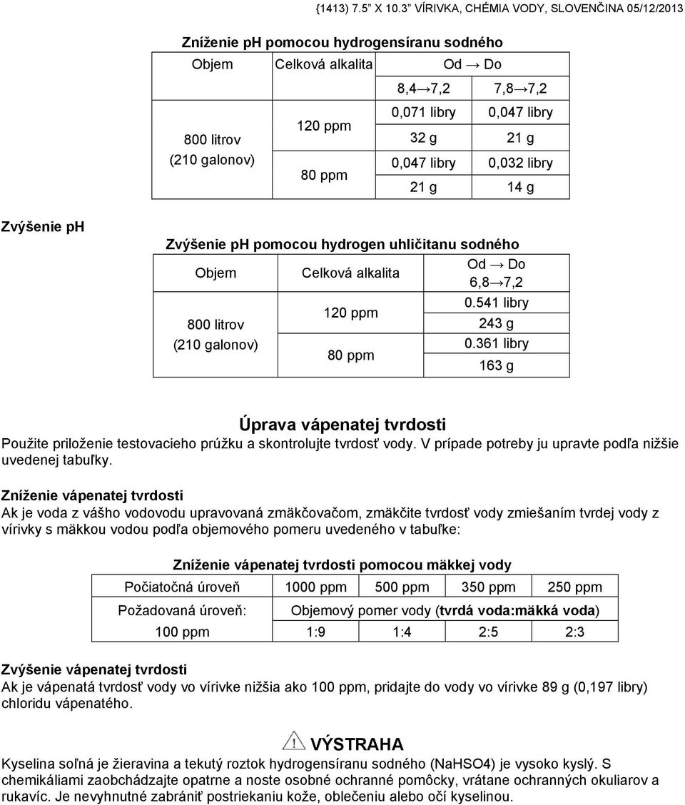 Zvýšenie ph pomocou hydrogen uhličitanu sodného Od Do Objem Celková alkalita 6,8 7,2 0.541 libry 800 litrov 243 g (210 galonov) 0.