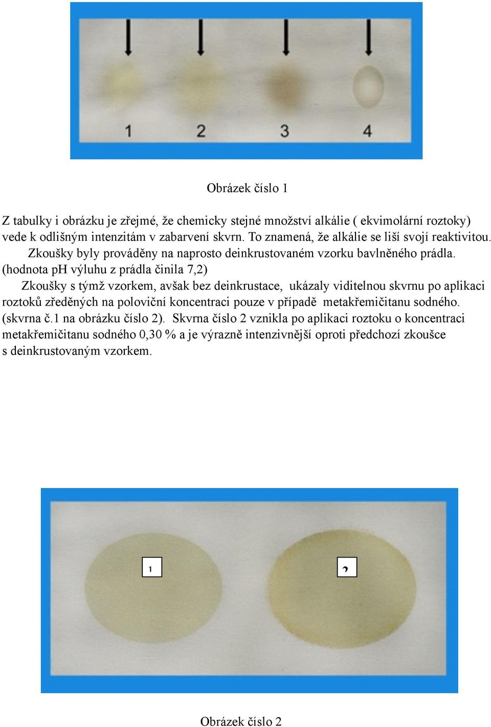 (hodnota ph výluhu z prádla činila 7,2) Zkoušky s týmž vzorkem, avšak bez deinkrustace, ukázaly viditelnou skvrnu po aplikaci roztoků zředěných na poloviční koncentraci pouze v