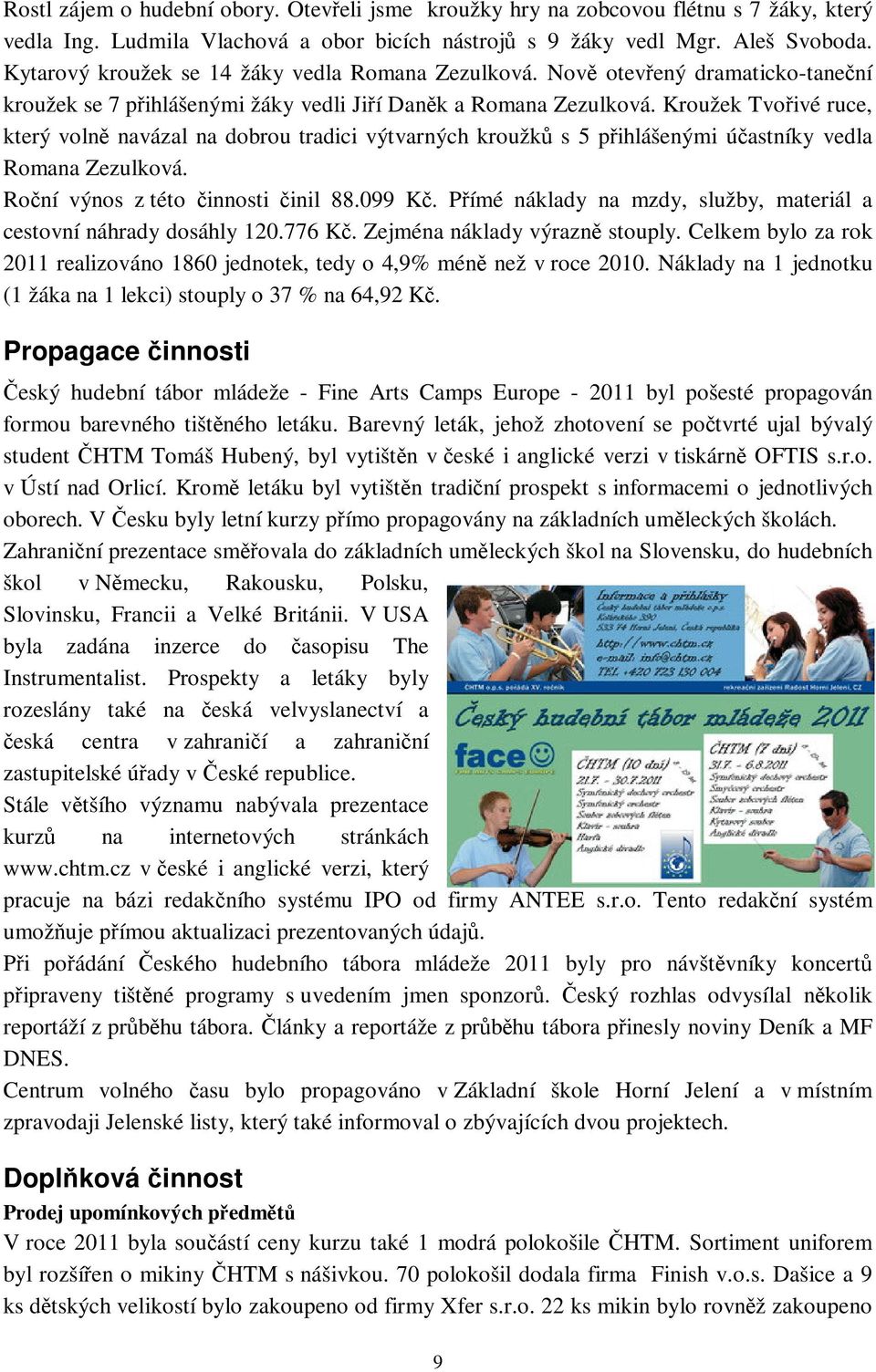 Kroužek Tvoivé ruce, který voln navázal na dobrou tradici výtvarných kroužk s 5 pihlášenými úastníky vedla Romana Zezulková. Roní výnos z této innosti inil 88.099 K.