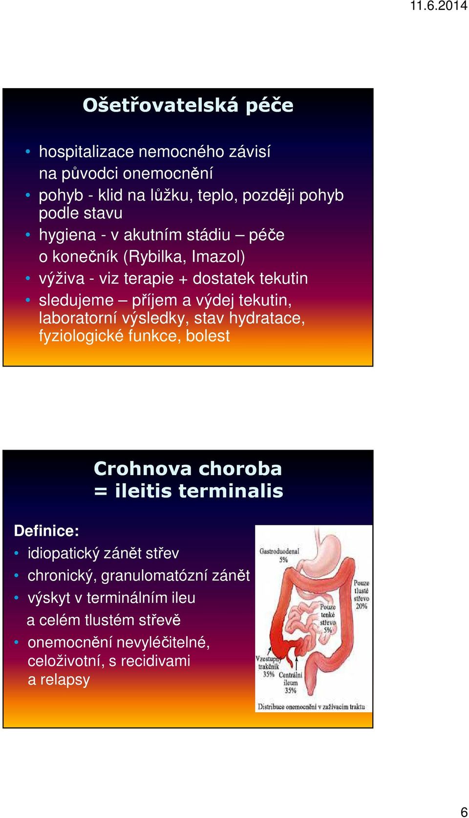 laboratorní výsledky, stav hydratace, fyziologické funkce, bolest Definice: Crohnova choroba = ileitis terminalis idiopatický zánět