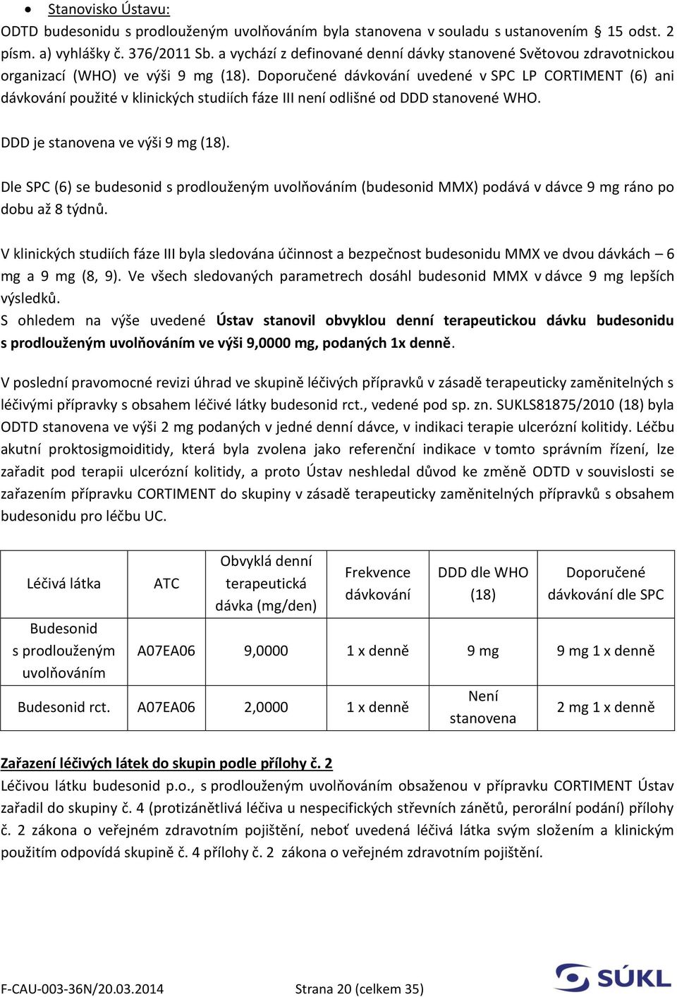Doporučené dávkování uvedené v SPC LP CORTIMENT (6) ani dávkování použité v klinických studiích fáze III není odlišné od DDD stanovené WHO. DDD je stanovena ve výši 9 mg (18).