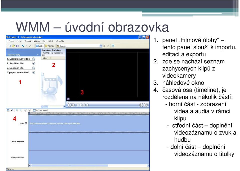 časová osa (timeline), je rozdělena na několik částí: - horní část - zobrazení videa a audia