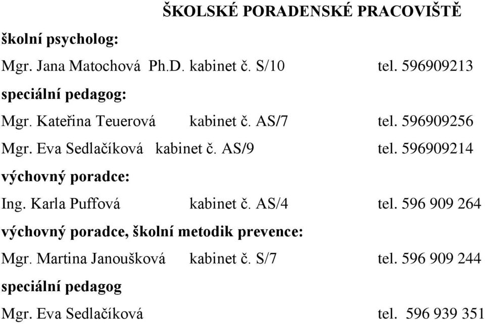 AS/9 tel. 596909214 výchovný poradce: Ing. Karla Puffová kabinet č. AS/4 tel.