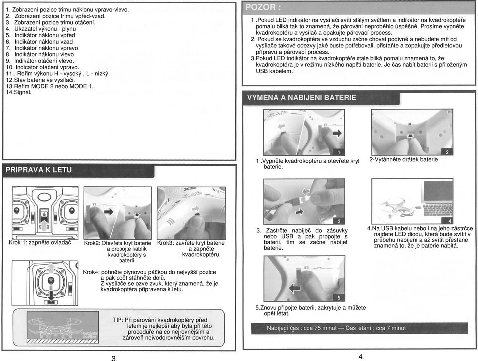 Stav baterie ve vysílači. 13. Reřim MODE 2 nebo MODE 1. 14.Signál. POZOR : 1.