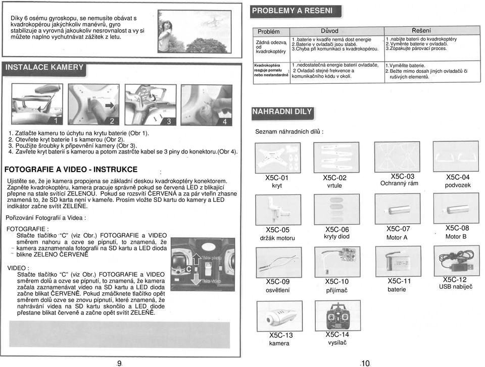 Vyměnte baterie v ovladači. 3. Zopakujte párovací proces. INSTALACE KAMERY Kvadrokoptéra reaguje pomalu nebo nestandardně 1.