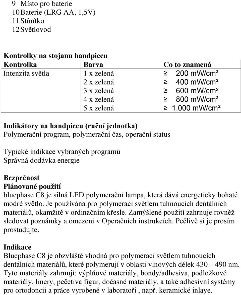 000 mw/cm² Indikátory na handpiecu (ruční jednotka) Polymerační program, polymerační čas, operační status Typické indikace vybraných programů Správná dodávka energie Bezpečnost Plánované použití