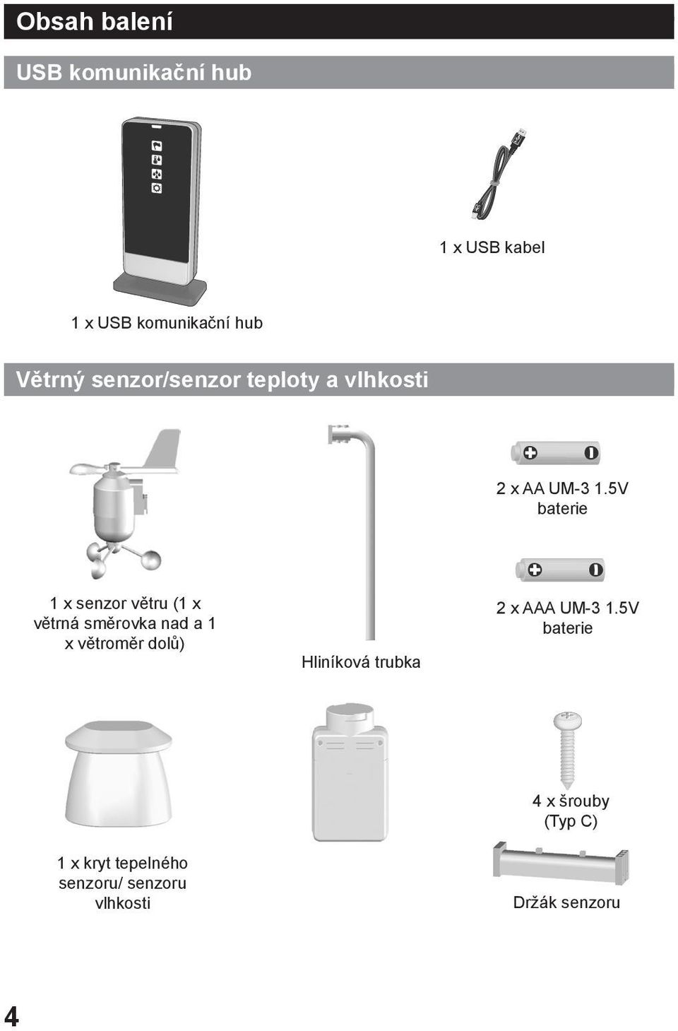 5V baterie 1 x senzor větru (1 x větrná směrovka nad a 1 x větroměr dolů)