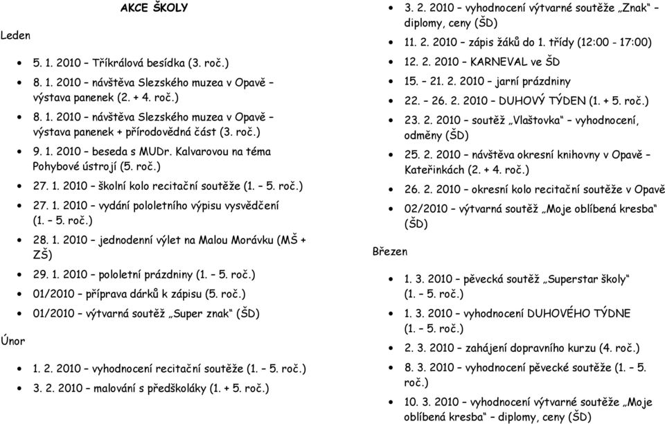 1. 2010 jednodenní výlet na Malou Morávku (MŠ + ZŠ) 29. 1. 2010 pololetní prázdniny (1. 5. roč.) 01/2010 příprava dárků k zápisu (5. roč.) 01/2010 výtvarná soutěž Super znak (ŠD) 1. 2. 2010 vyhodnocení recitační soutěže (1.