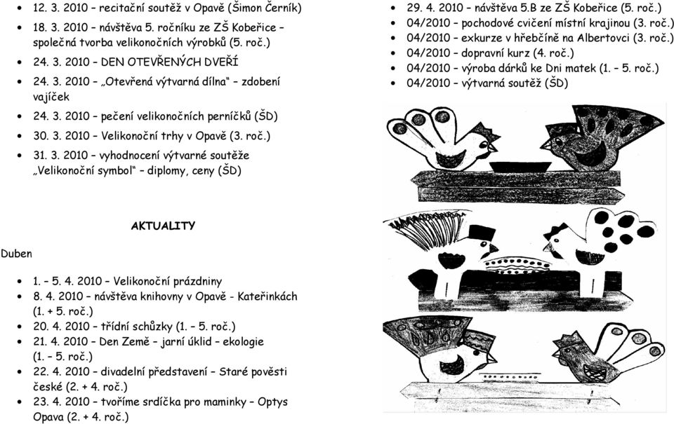 B ze ZŠ Kobeřice (5. roč.) 04/2010 pochodové cvičení místní krajinou (3. roč.) 04/2010 exkurze v hřebčíně na Albertovci (3. roč.) 04/2010 dopravní kurz (4. roč.) 04/2010 výroba dárků ke Dni matek (1.