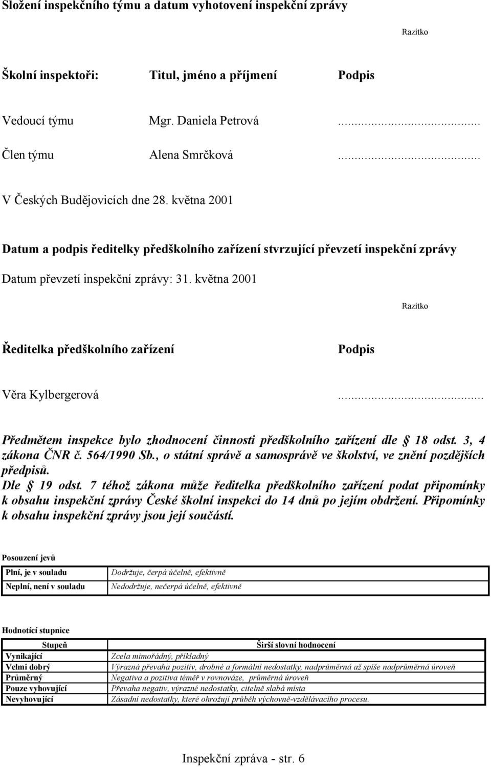 května 2001 Razítko Ředitelka předškolního zařízení Podpis Věra Kylbergerová... Předmětem inspekce bylo zhodnocení činnosti předškolního zařízení dle 18 odst. 3, 4 zákona ČNR č. 564/1990 Sb.