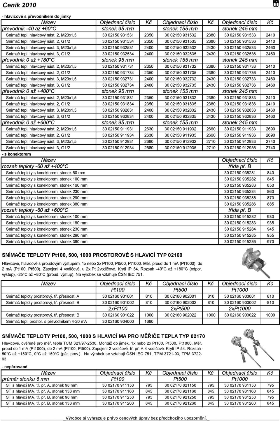 hlavicový nást. 3, M20x1,5 30 02150 932531 2400 30 02150 932532 2430 30 02150 932533 2460 Snímač tepl. hlavicový nást.