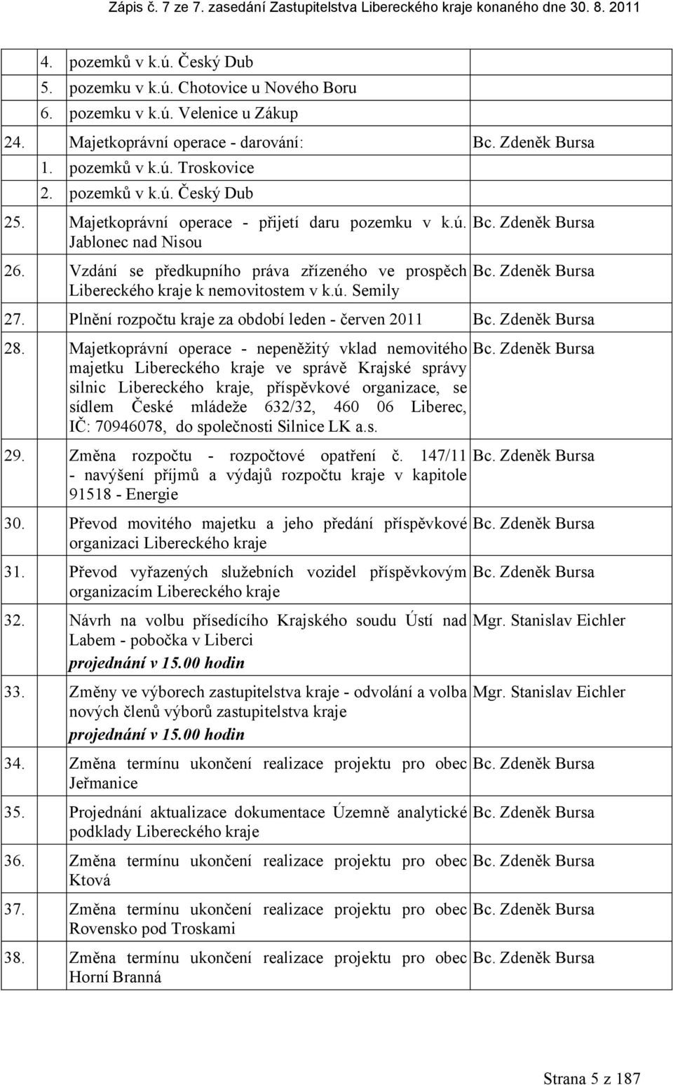 Vzdání s přdkupního práva zřízného v prospěch Librckého kraj k nmovitostm v k.ú. Smily Bc. Zdněk Bursa Bc. Zdněk Bursa 27. Plnění rozpočtu kraj za období ldn - črvn 2011 Bc. Zdněk Bursa 28.