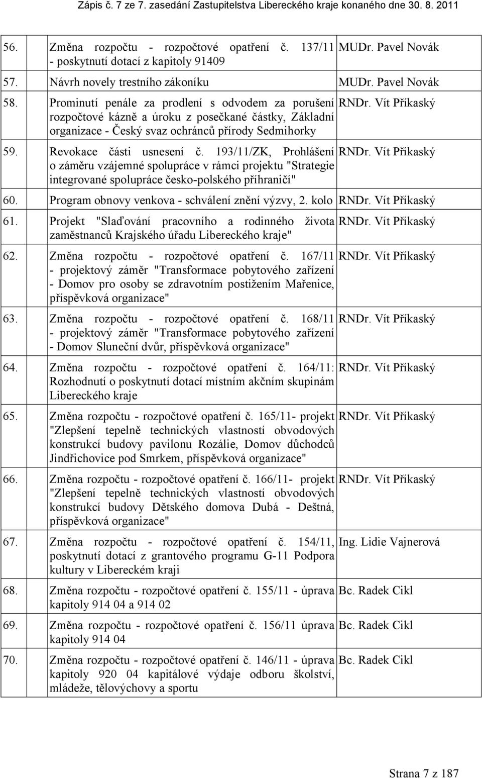 Vít Příkaský rozpočtové kázně a úroku z posčkané částky, Základní organizac - Čský svaz ochránců přírody Sdmihorky 59. Rvokac části usnsní č. 193/11/ZK, Prohlášní RNDr.