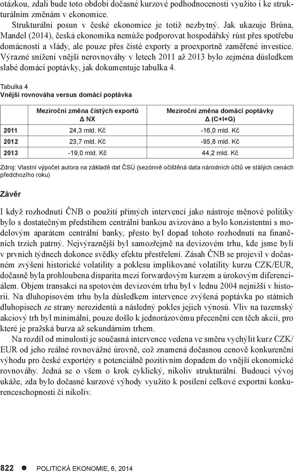 Výrazné snížení vnější nerovnováhy v letech 2011 až 2013 bylo zejména důsledkem slabé domácí poptávky, jak dokumentuje tabulka 4.