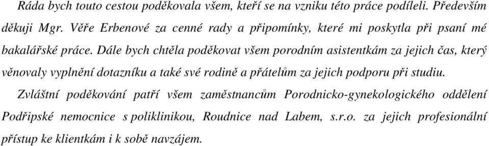 Dále bych chtěla poděkovat všem porodním asistentkám za jejich čas, který věnovaly vyplnění dotazníku a také své rodině a přátelům za