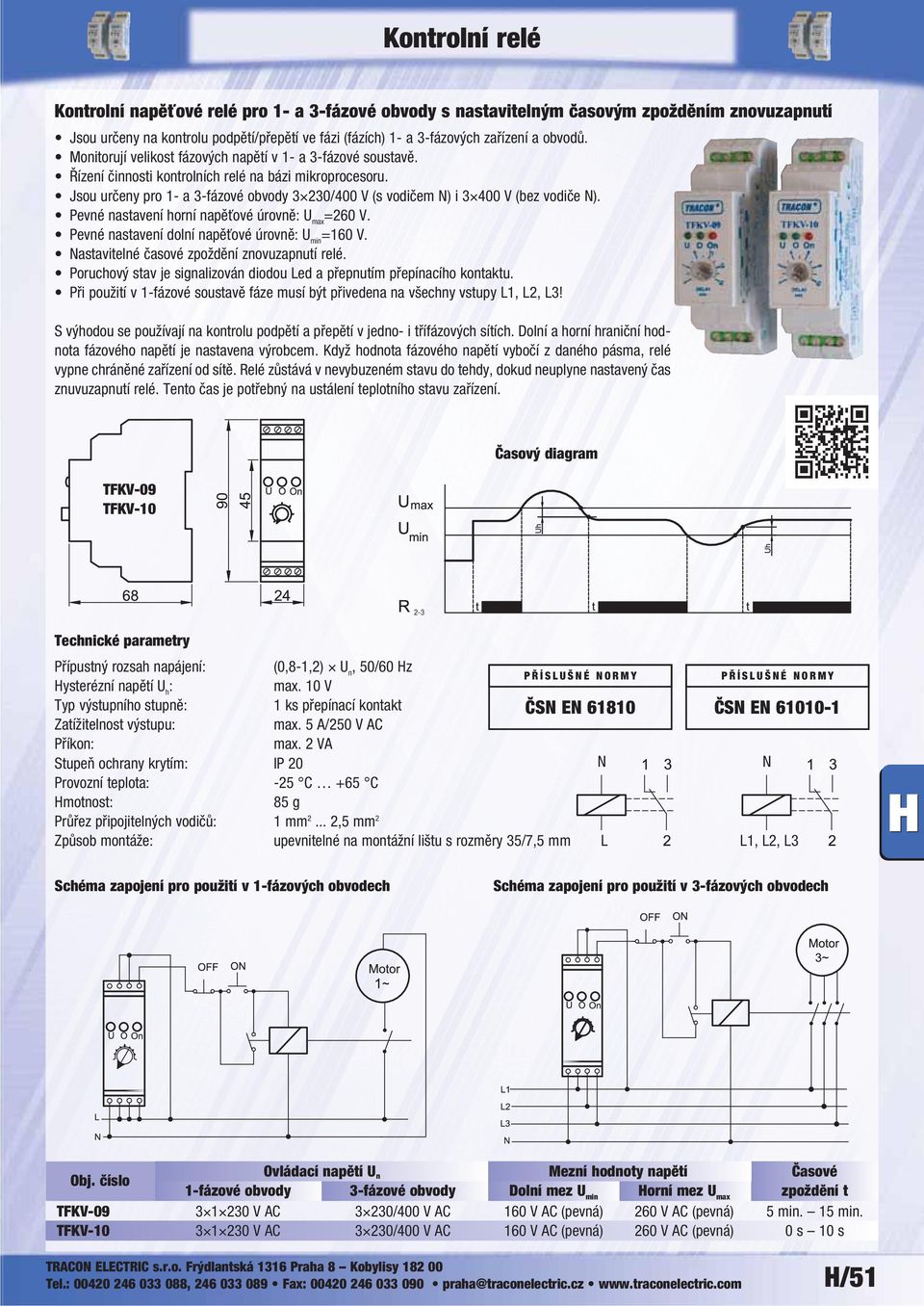 nastavení horní napěťové úrovně U max =260 V Pevné nastavení dolní napěťové úrovně U min =160 V astavitelné časové zpoždění znovuzapnutí relé Poruchový stav je signalizován diodou Led a přepnutím