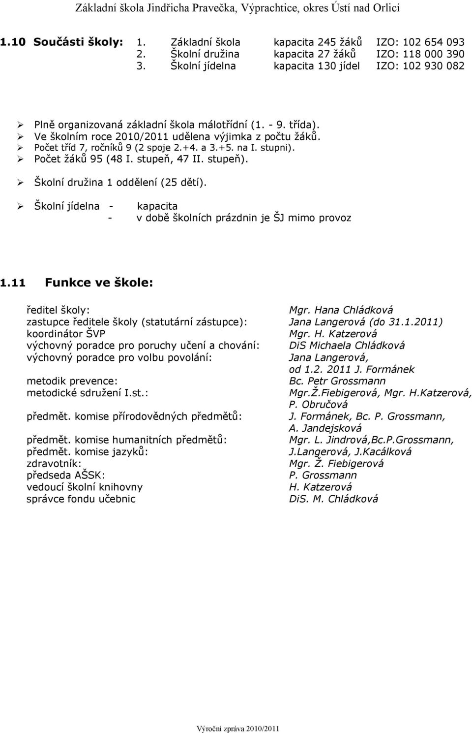 Počet tříd 7, ročníků 9 (2 spoje 2.+4. a 3.+5. na I. stupni). Počet žáků 95 (48 I. stupeň, 47 II. stupeň). Školní družina 1 oddělení (25 dětí).