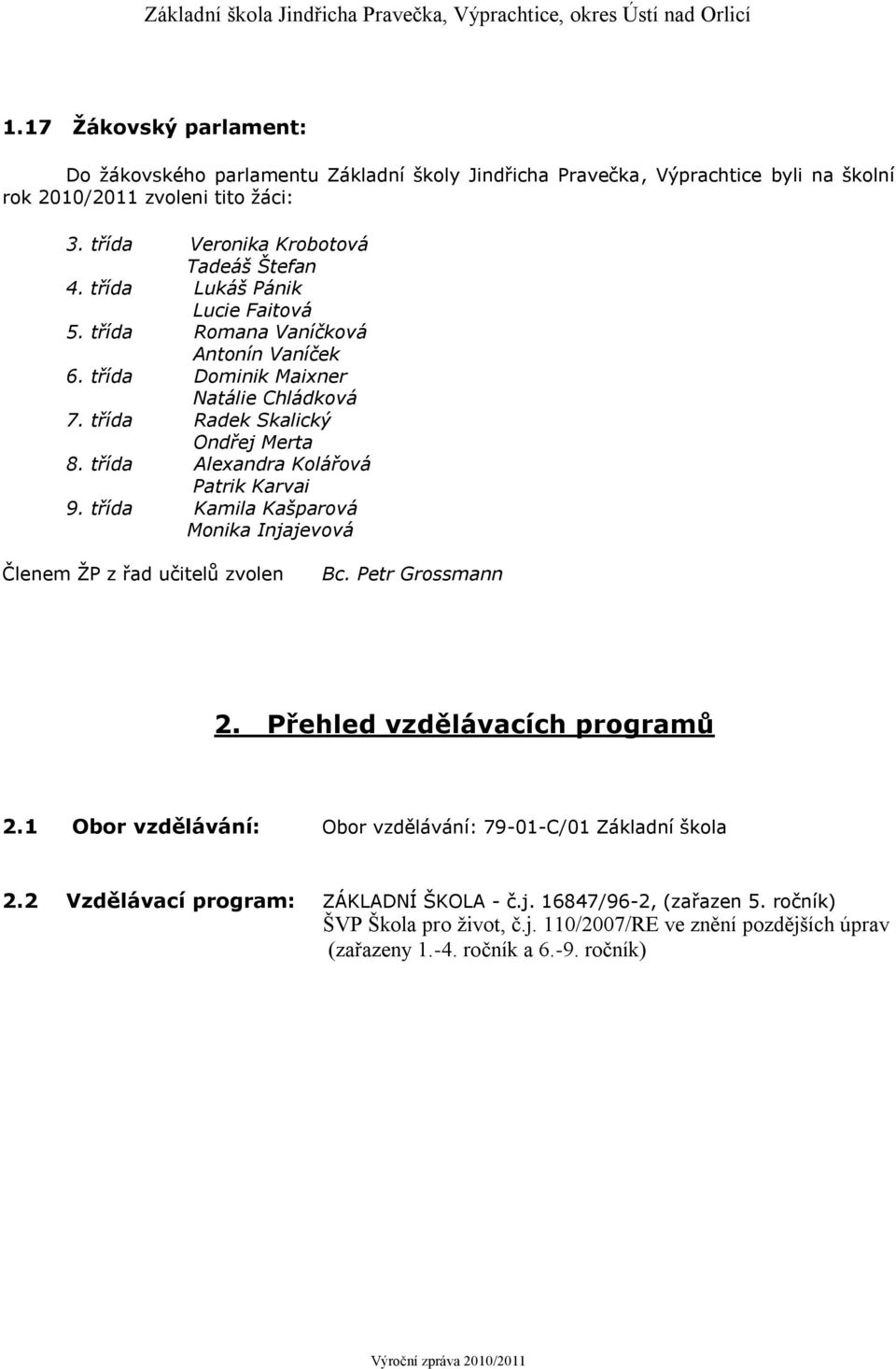 třída Alexandra Kolářová Patrik Karvai 9. třída Kamila Kašparová Monika Injajevová Členem ŽP z řad učitelů zvolen Bc. Petr Grossmann 2. Přehled vzdělávacích programů 2.