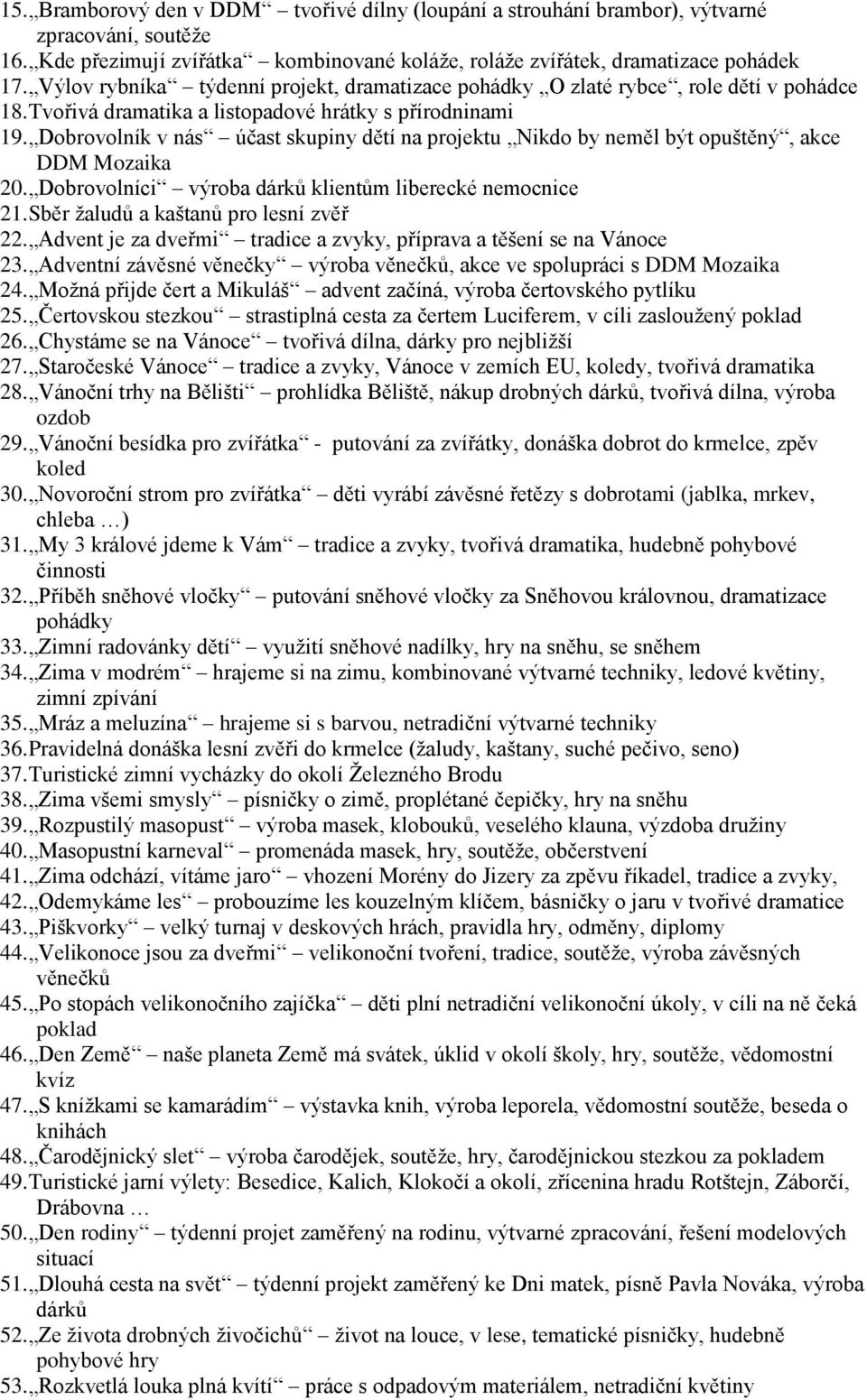 Dobrovolník v nás účast skupiny dětí na projektu Nikdo by neměl být opuštěný, akce DDM Mozaika 20. Dobrovolníci výroba dárků klientům liberecké nemocnice 21. Sběr žaludů a kaštanů pro lesní zvěř 22.