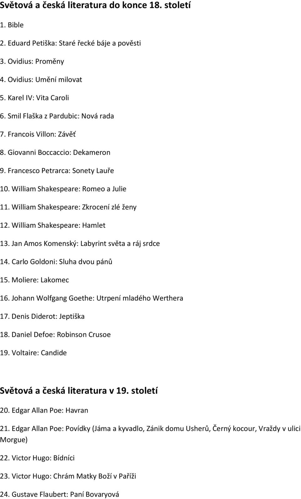 William Shakespeare: Zkrocení zlé ženy 12. William Shakespeare: Hamlet 13. Jan Amos Komenský: Labyrint světa a ráj srdce 14. Carlo Goldoni: Sluha dvou pánů 15. Moliere: Lakomec 16.