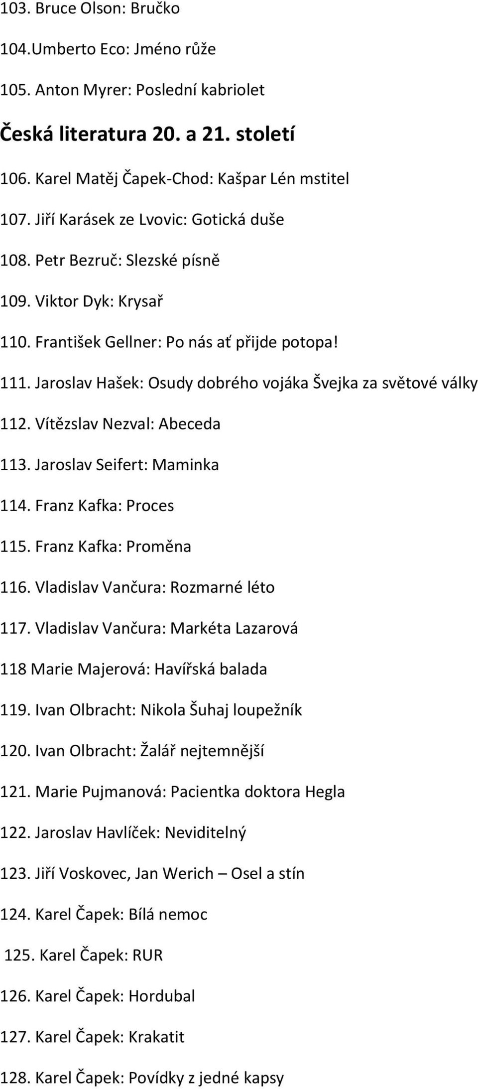 Jaroslav Hašek: Osudy dobrého vojáka Švejka za světové války 112. Vítězslav Nezval: Abeceda 113. Jaroslav Seifert: Maminka 114. Franz Kafka: Proces 115. Franz Kafka: Proměna 116.