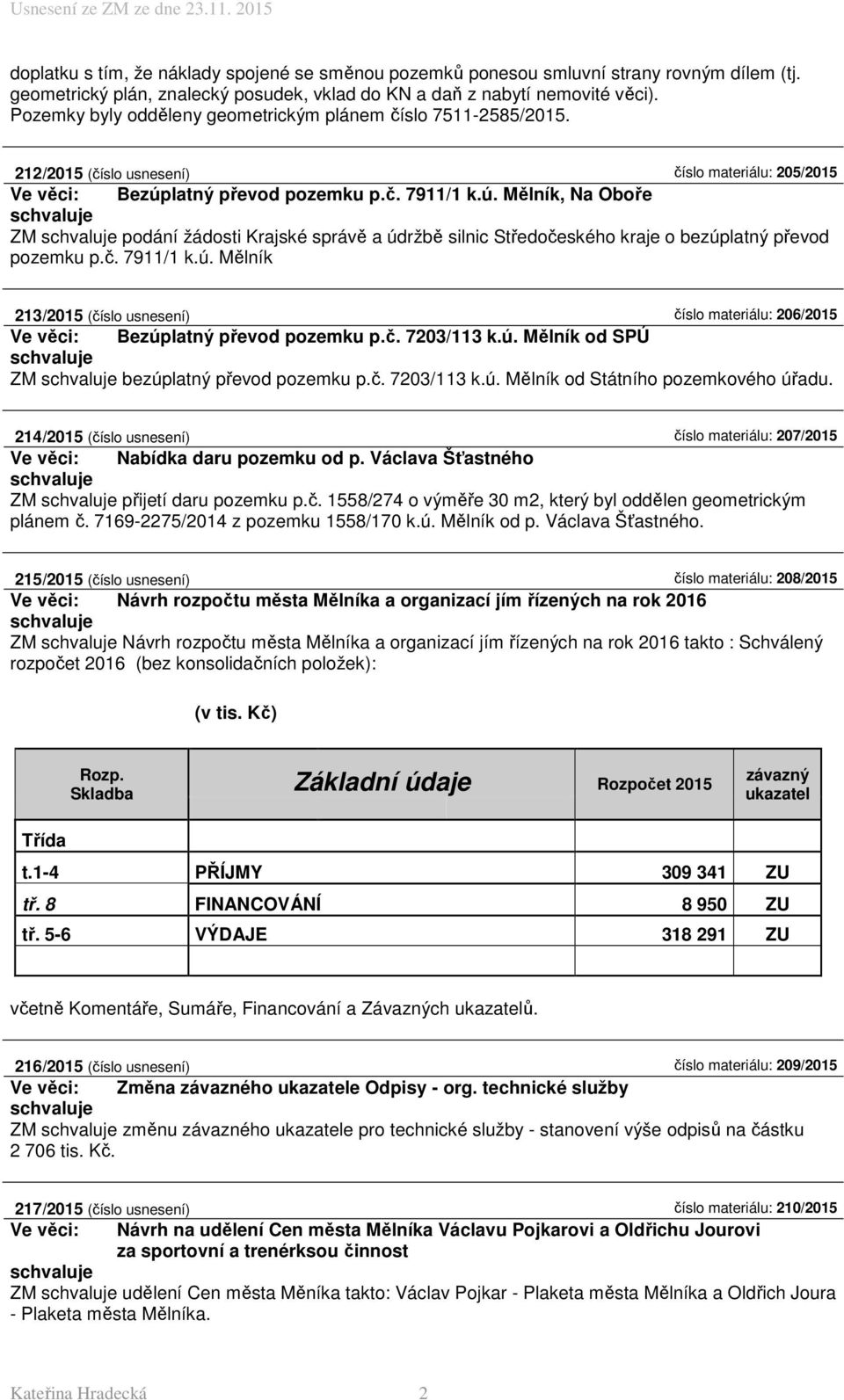 latný převod pozemku p.č. 7911/1 k.ú. Mělník, Na Oboře ZM podání žádosti Krajské správě a údržbě silnic Středočeského kraje o bezúplatný převod pozemku p.č. 7911/1 k.ú. Mělník 213/2015 (číslo usnesení) číslo materiálu: 206/2015 Ve věci: Bezúplatný převod pozemku p.