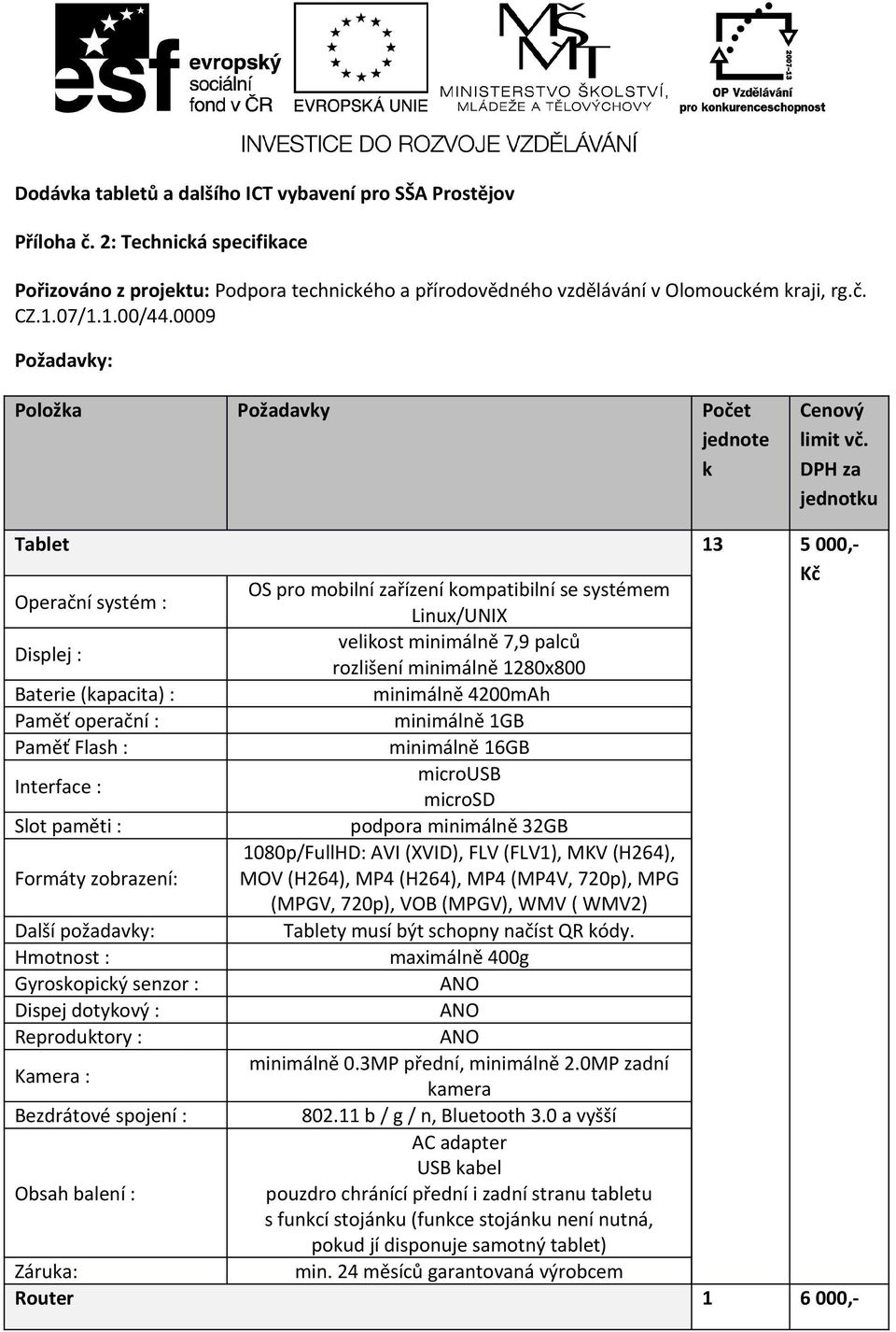 DPH za jednotku Tablet 13 5 000,- Operační systém : OS pro mobilní zařízení kompatibilní se systémem Linux/UNIX Displej : velikost minimálně 7,9 palců rozlišení minimálně 1280x800 Baterie (kapacita)