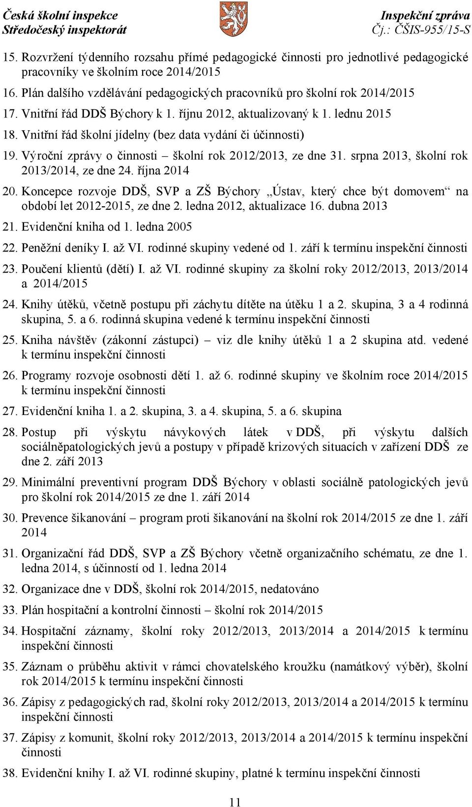 Vnitřní řád školní jídelny (bez data vydání či účinnosti) 19. Výroční zprávy o činnosti školní rok 2012/2013, ze dne 31. srpna 2013, školní rok 2013/2014, ze dne 24. října 2014 20.