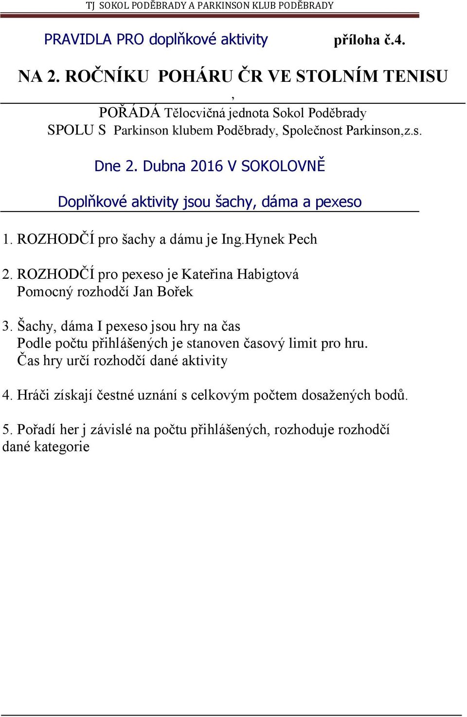 Dubna 2016 V SOKOLOVNĚ Doplňkové aktivity jsou šachy, dáma a pexeso 1. ROZHODČÍ pro šachy a dámu je Ing.Hynek Pech 2.