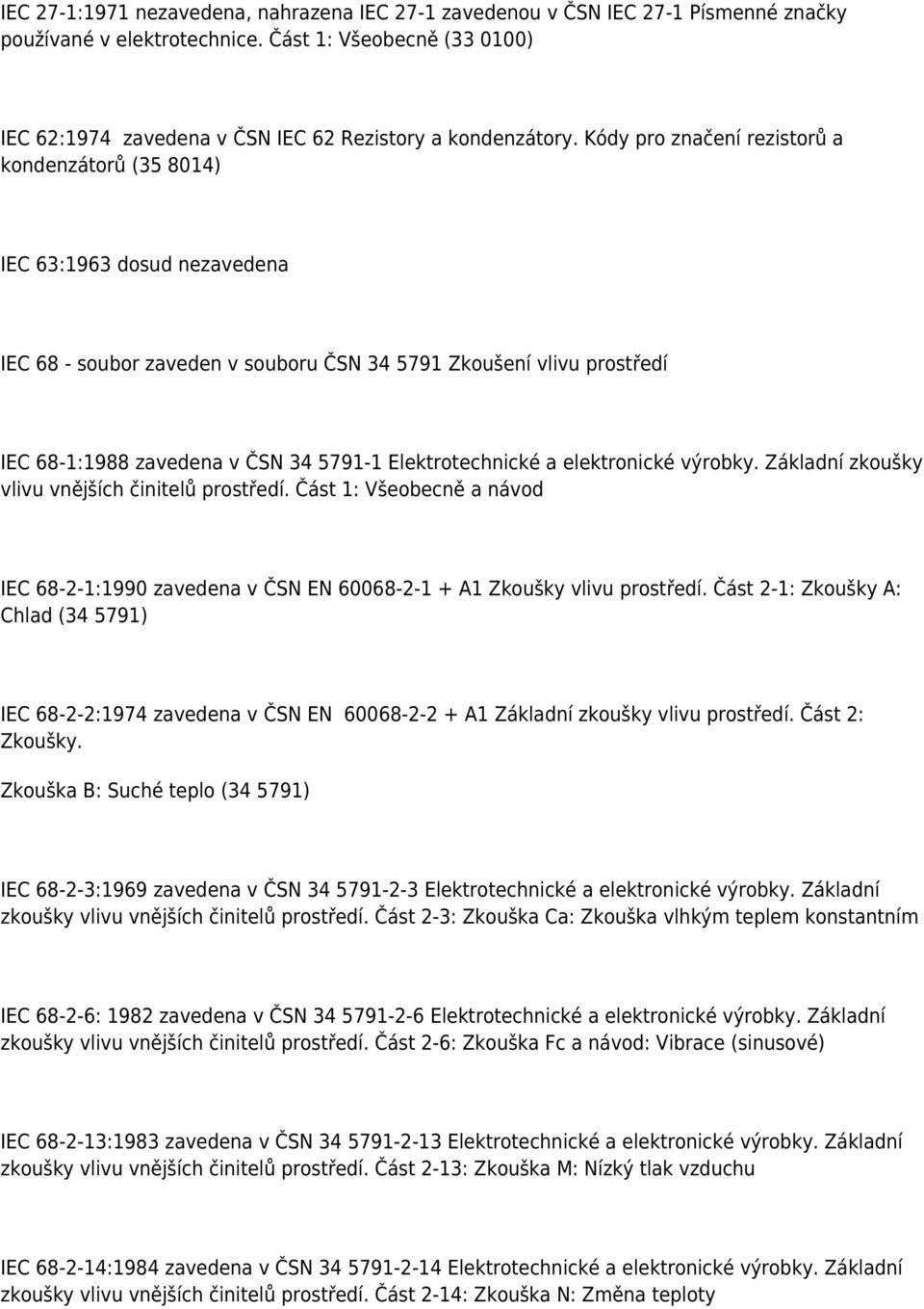 Kódy pro značení rezistorů a kondenzátorů (35 8014) IEC 63:1963 dosud nezavedena IEC 68 - soubor zaveden v souboru ČSN 34 5791 Zkoušení vlivu prostředí IEC 68-1:1988 zavedena v ČSN 34 5791-1