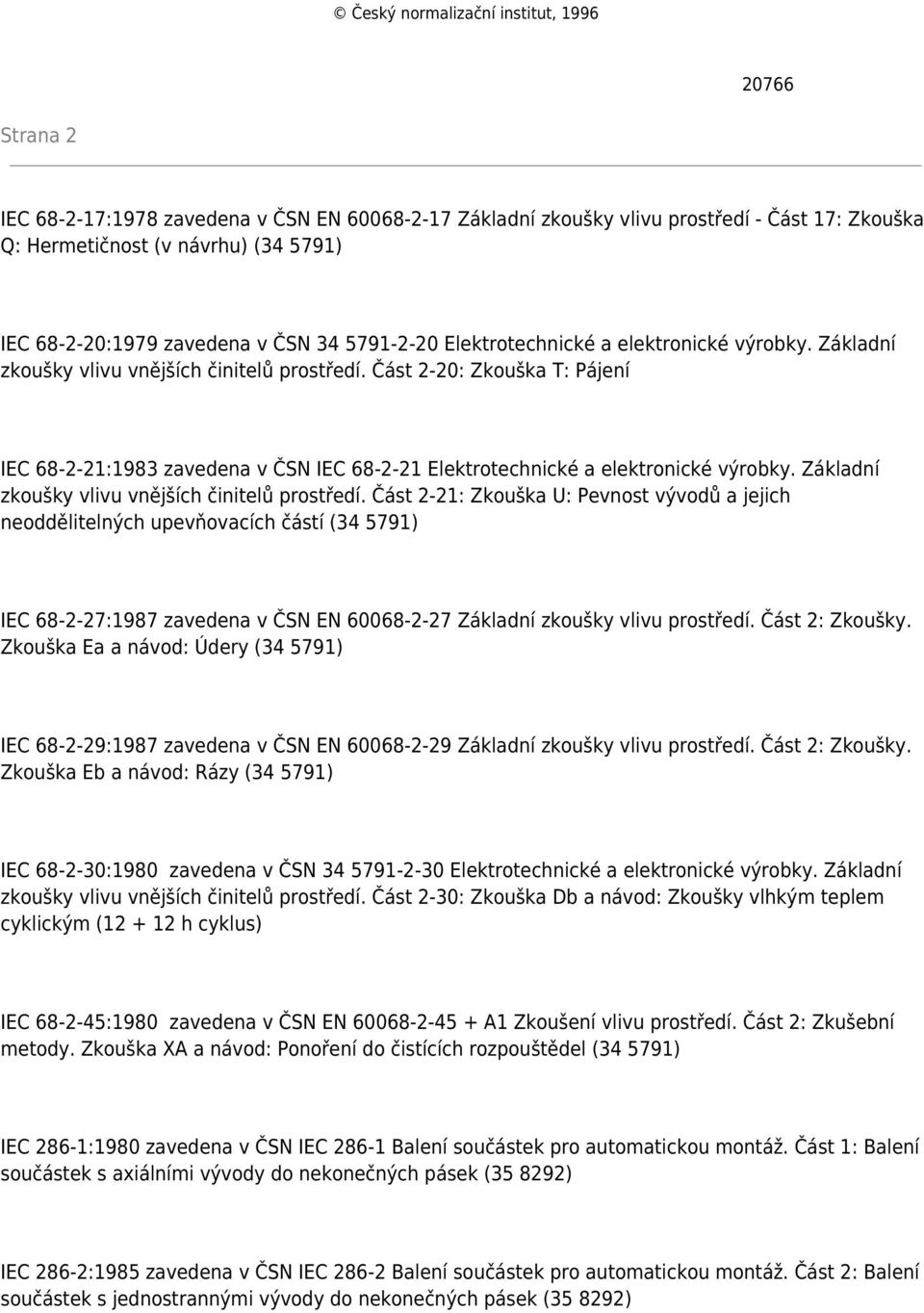 Část 2-20: Zkouška T: Pájení IEC 68-2-21:1983 zavedena v ČSN IEC 68-2-21 Elektrotechnické a elektronické výrobky. Základní zkoušky vlivu vnějších činitelů prostředí.