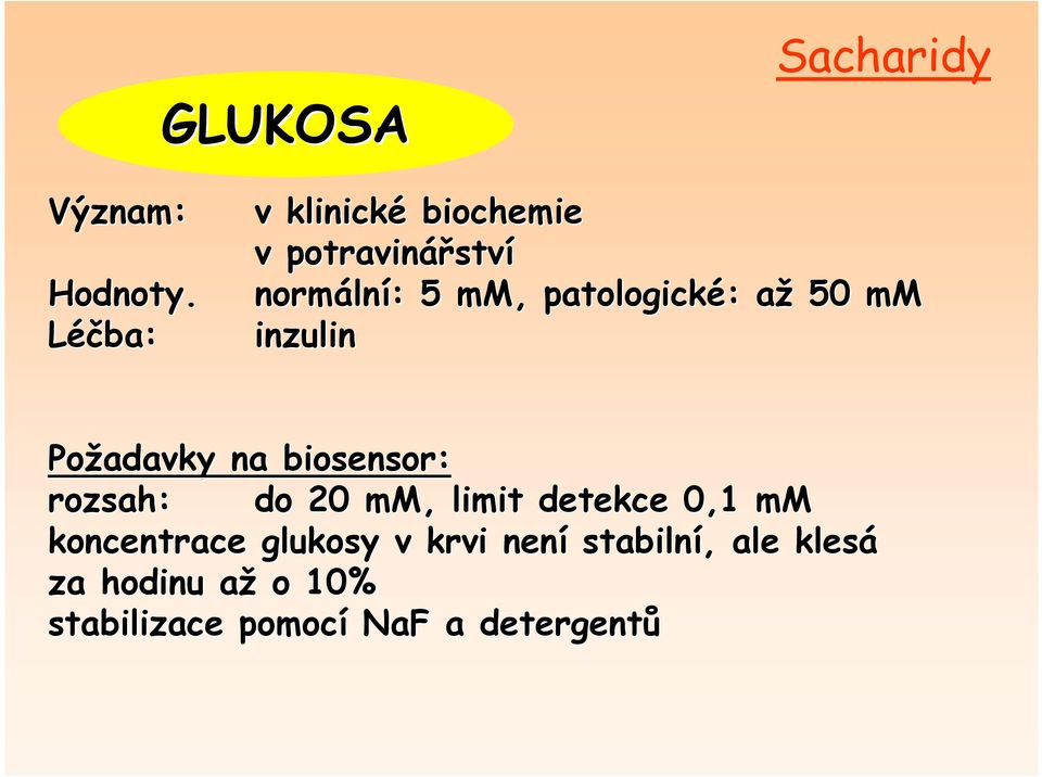 patologické: : aža 50 mm inzulin Požadavky na biosensor: rozsah: do 20 mm,