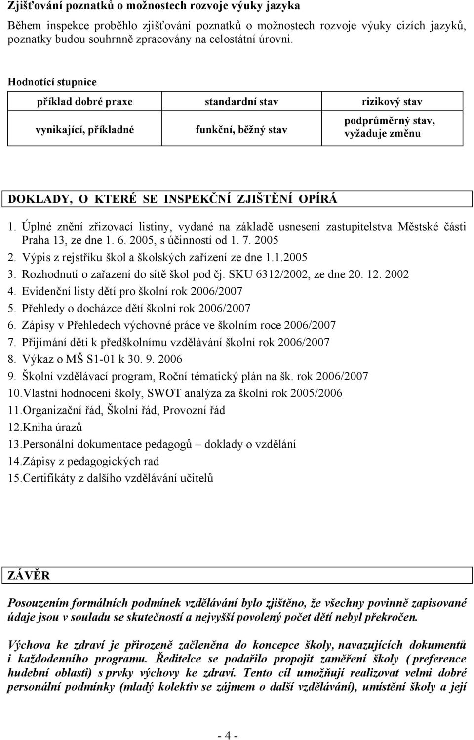 Úplné znění zřizovací listiny, vydané na základě usnesení zastupitelstva Městské části Praha 13, ze dne 1. 6. 2005, s účinností od 1. 7. 2005 2. Výpis z rejstříku škol a školských zařízení ze dne 1.1.2005 3.