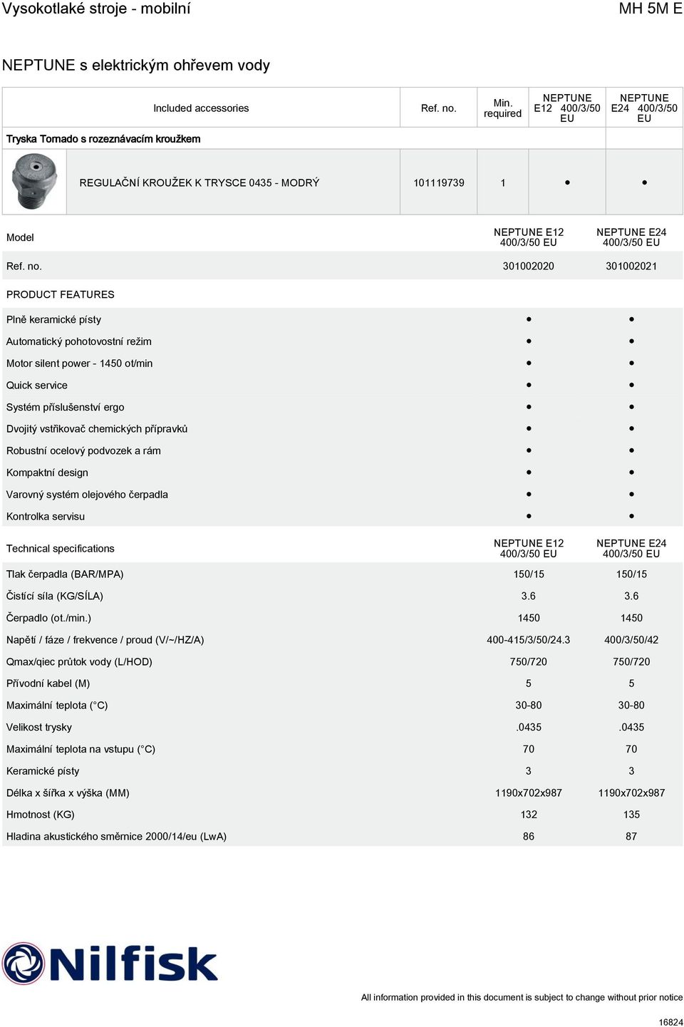 a rám Kompaktní design Varovný systém olejového čerpadla Kontrolka servisu Technical specifications E12 400/3/50 E24 400/3/50 Tlak čerpadla (BAR/MPA) 150/15 150/15 Čistící síla (KG/SÍLA) 3.6 3.