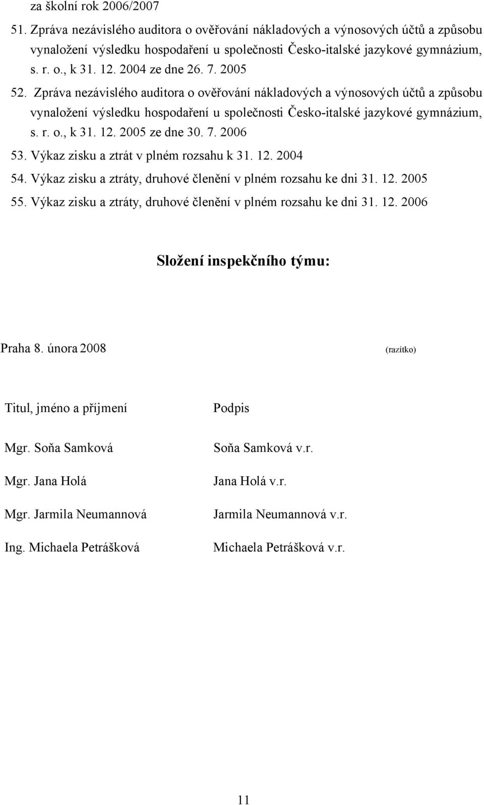 12. 2005 ze dne 30. 7. 2006 53. Výkaz zisku a ztrát v plném rozsahu k 31. 12. 2004 54. Výkaz zisku a ztráty, druhové členění v plném rozsahu ke dni 31. 12. 2005 55.