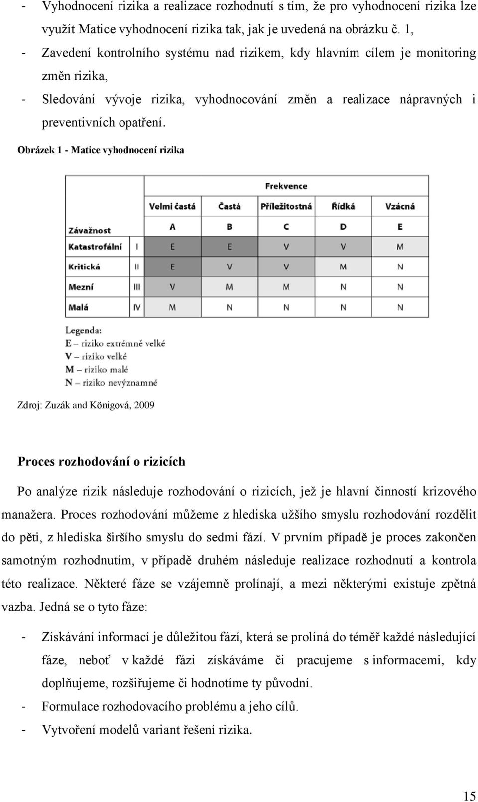 Obrázek 1 - Matice vyhodnocení rizika Zdroj: Zuzák and Königová, 2009 Proces rozhodování o rizicích Po analýze rizik následuje rozhodování o rizicích, jeţ je hlavní činností krizového manaţera.