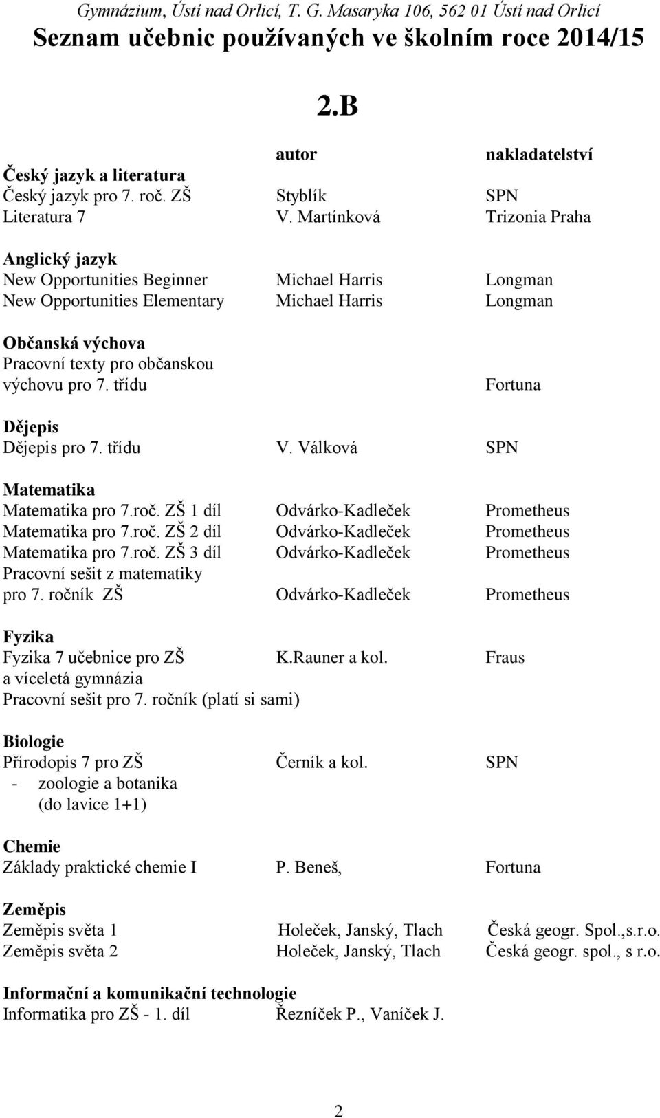 třídu Fortuna pro 7. třídu V. Válková SPN pro 7.roč. ZŠ 1 díl Odvárko-Kadleček Prometheus pro 7.roč. ZŠ 2 díl Odvárko-Kadleček Prometheus pro 7.roč. ZŠ 3 díl Odvárko-Kadleček Prometheus Pracovní sešit z matematiky pro 7.