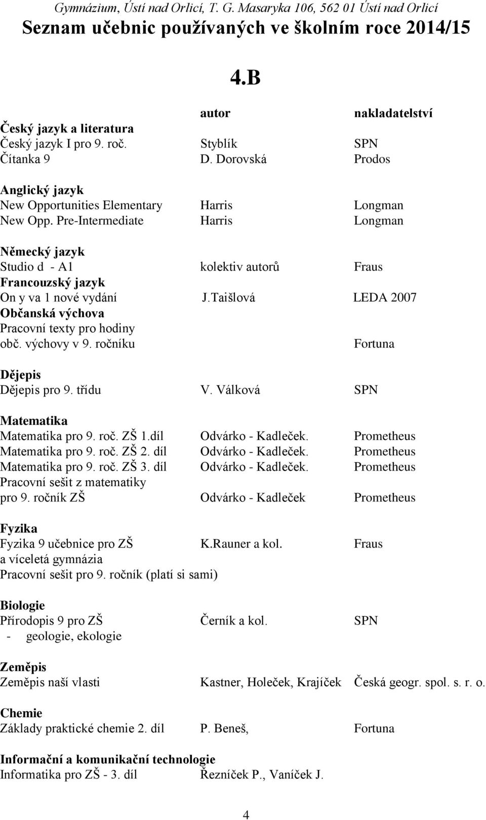 ročníku Fortuna pro 9. třídu V. Válková SPN pro 9. roč. ZŠ 1.díl Odvárko - Kadleček. Prometheus pro 9. roč. ZŠ 2. díl Odvárko - Kadleček. Prometheus pro 9. roč. ZŠ 3. díl Odvárko - Kadleček. Prometheus Pracovní sešit z matematiky pro 9.